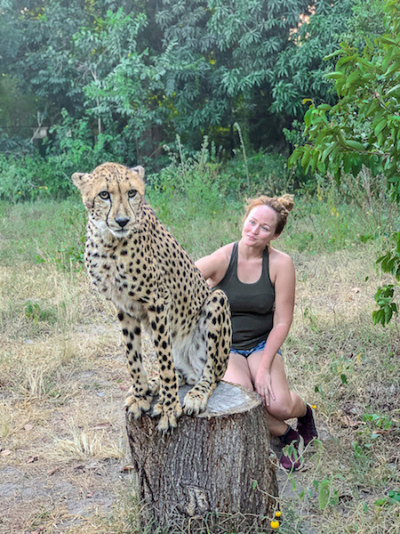 Redakteurin Jen und ein Gepard im Wildtierreservat Cheetah's Rock.