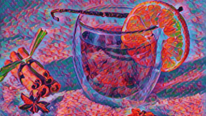 Ein gemaltes Bild von einem Glühwein mit Orange und Zimtstange